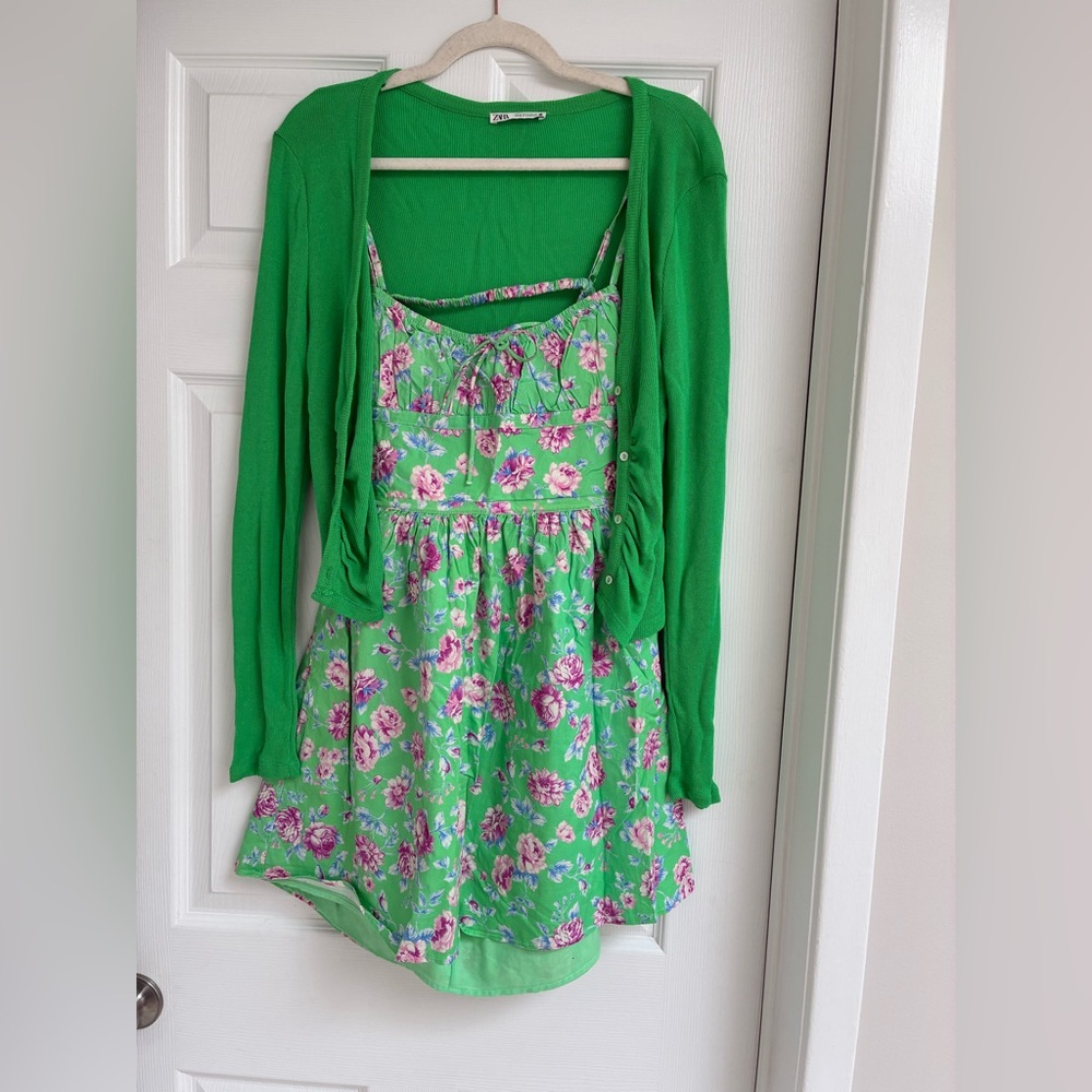 ZARA Green Floral Dress with Cardigan